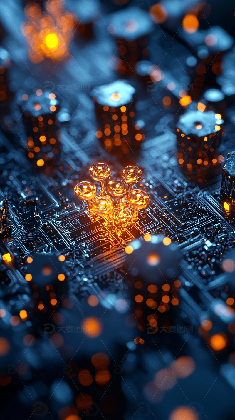 高清大图下载【趣麦麦图】电路板上的发光微型城市