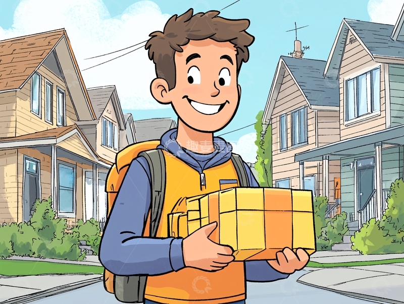 高清大图下载【趣麦麦图】送货员抱着包裹在街上