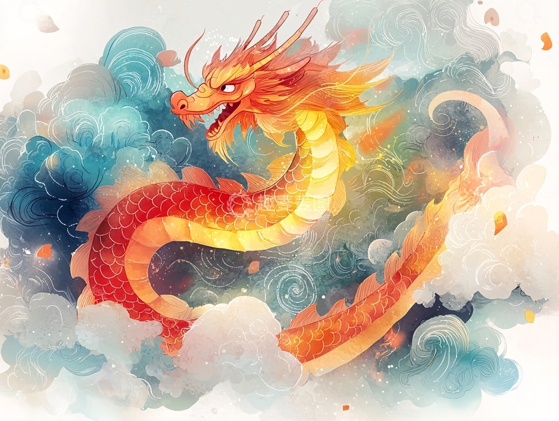 高清大图下载【趣麦麦图】水墨画风的金色祥龙