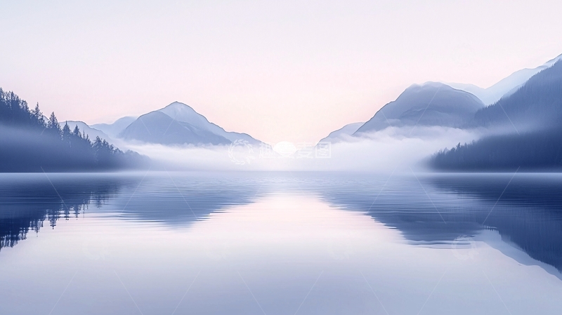 高清大图下载【趣麦麦图】雾气弥漫的山湖倒影