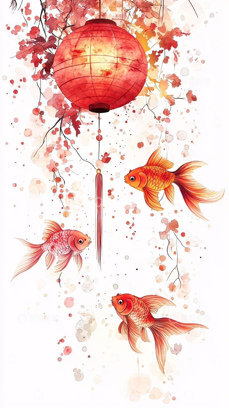 高清大图下载【趣麦麦图】红灯笼金鱼水墨画