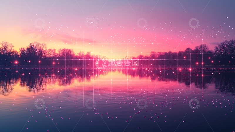 高清大图下载【趣麦麦图】粉色梦幻日落湖景