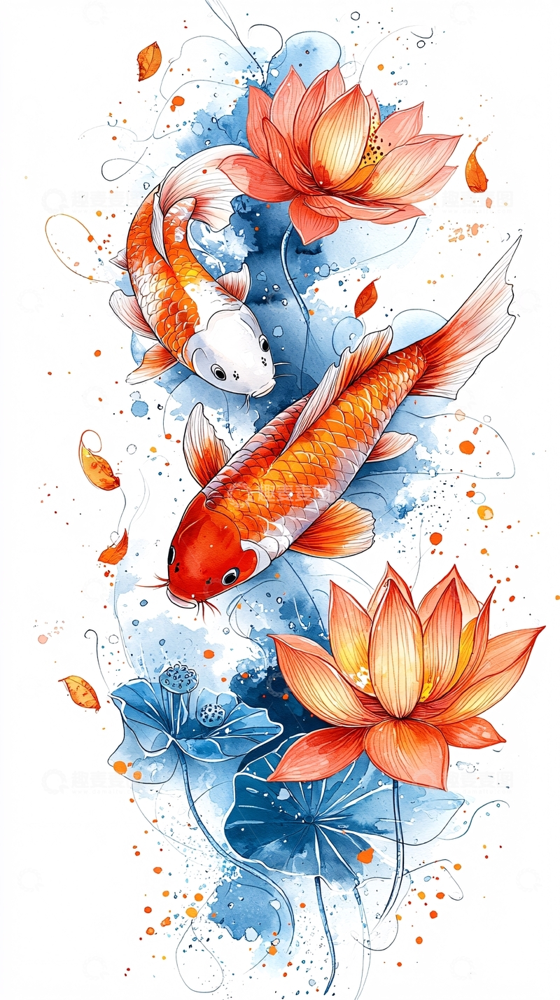 高清大图下载【趣麦麦图】锦鲤莲花水墨风格图片