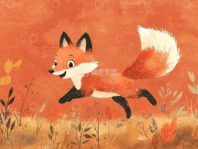 高清大图下载【趣麦麦图】卡通狐狸在草地上跳跃