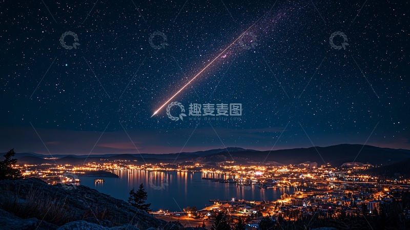 高清大图下载【趣麦麦图】夜空流星雨划过城市上空