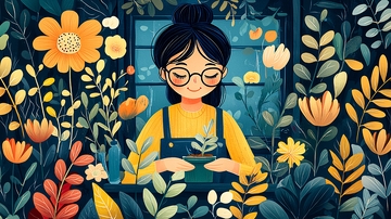 花园里的女孩与盆栽