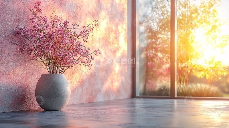 高清大图下载【趣麦麦图】粉色花束落地窗日落