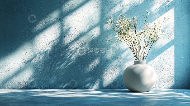 高清大图下载【趣麦麦图】蓝墙背景花瓶干花