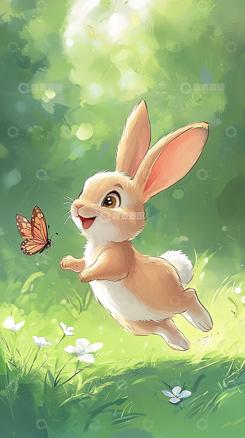 高清大图下载【趣麦麦图】萌兔飞跃花丛