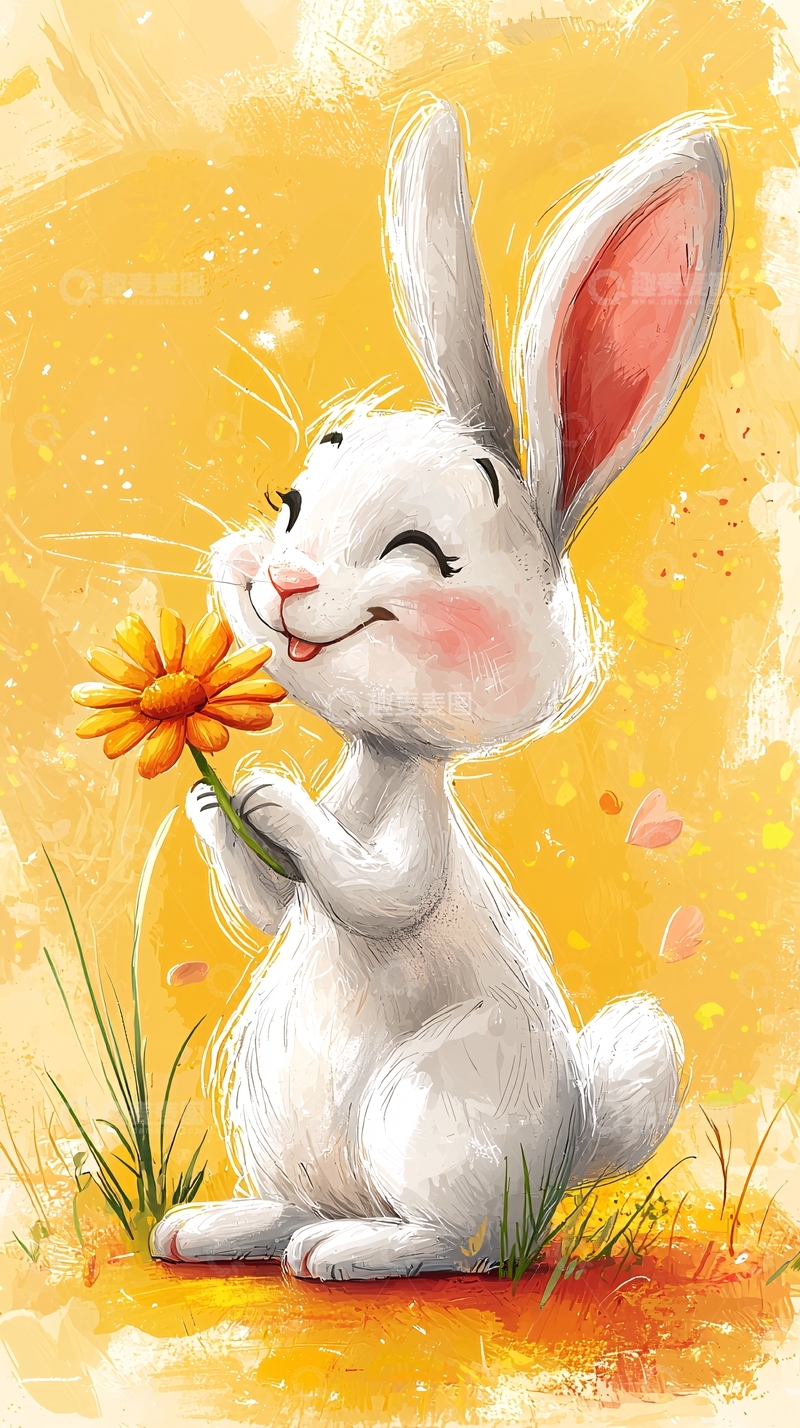 高清大图下载【趣麦麦图】可爱小白兔闻花
