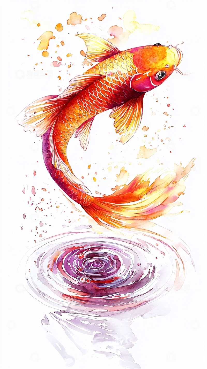 高清大图下载【趣麦麦图】跃出水面的锦鲤水彩画