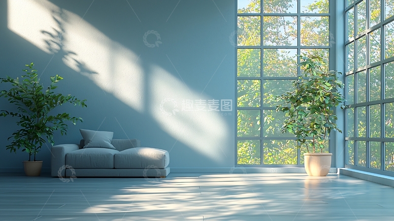 高清大图下载【趣麦麦图】极简蓝色客厅阳光洒落
