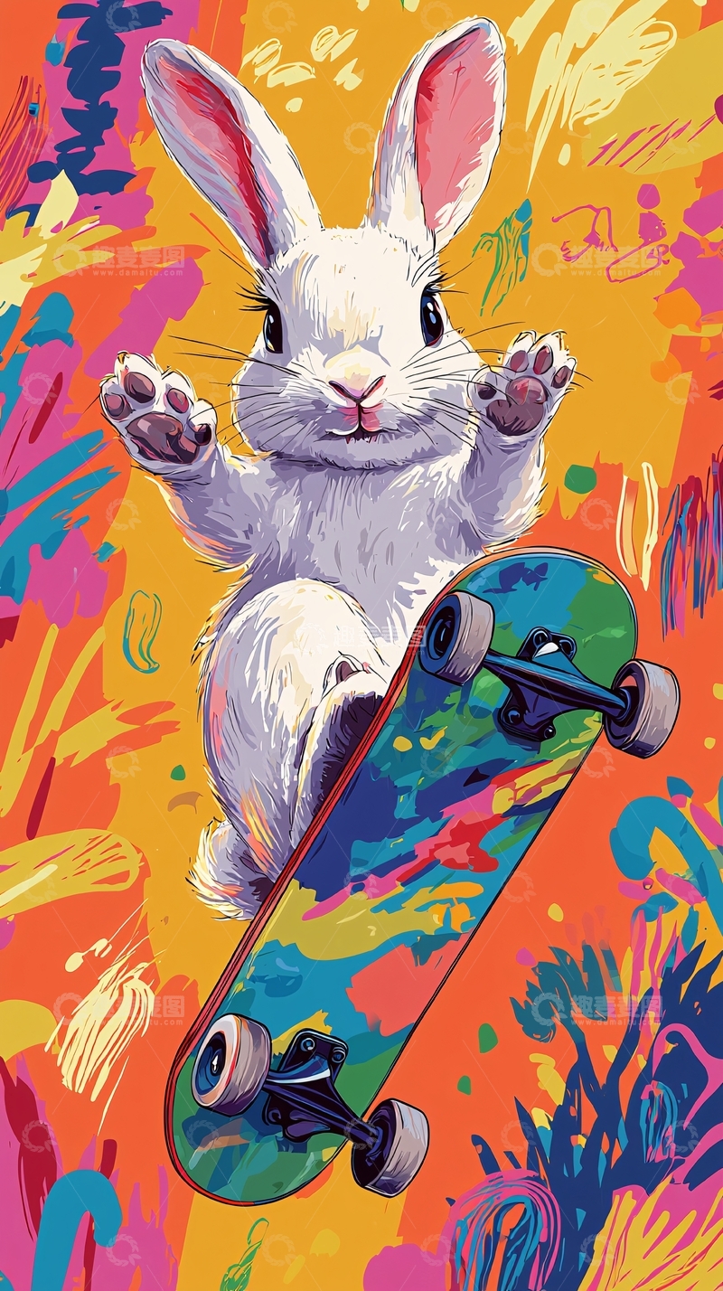 高清大图下载【趣麦麦图】滑板上的卡通白兔