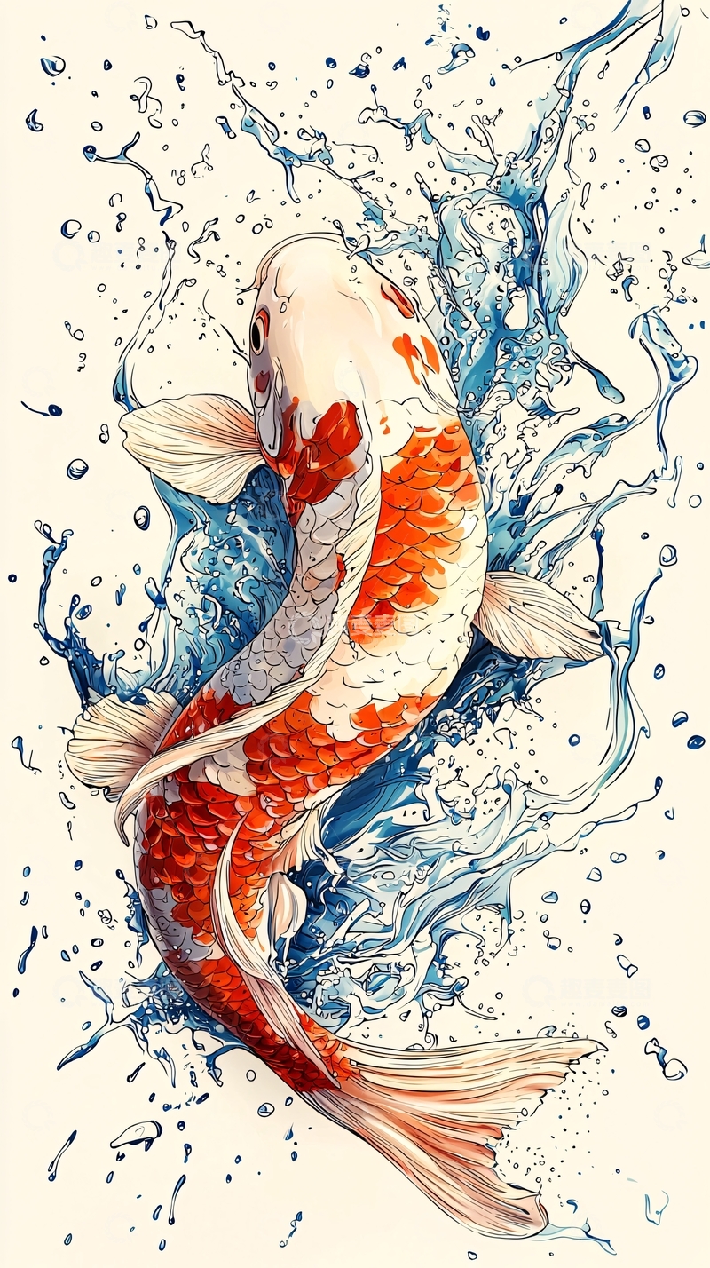 高清大图下载【趣麦麦图】跃动水中红白锦鲤