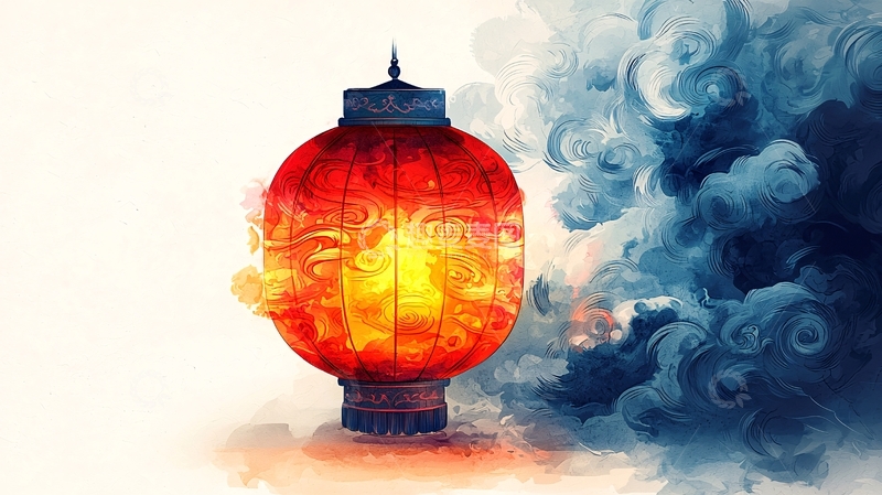 高清大图下载【趣麦麦图】红色灯笼与蓝色烟雾