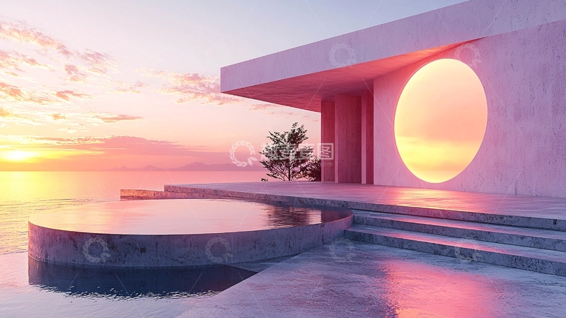 高清大图下载【趣麦麦图】极简风格海景别墅落日
