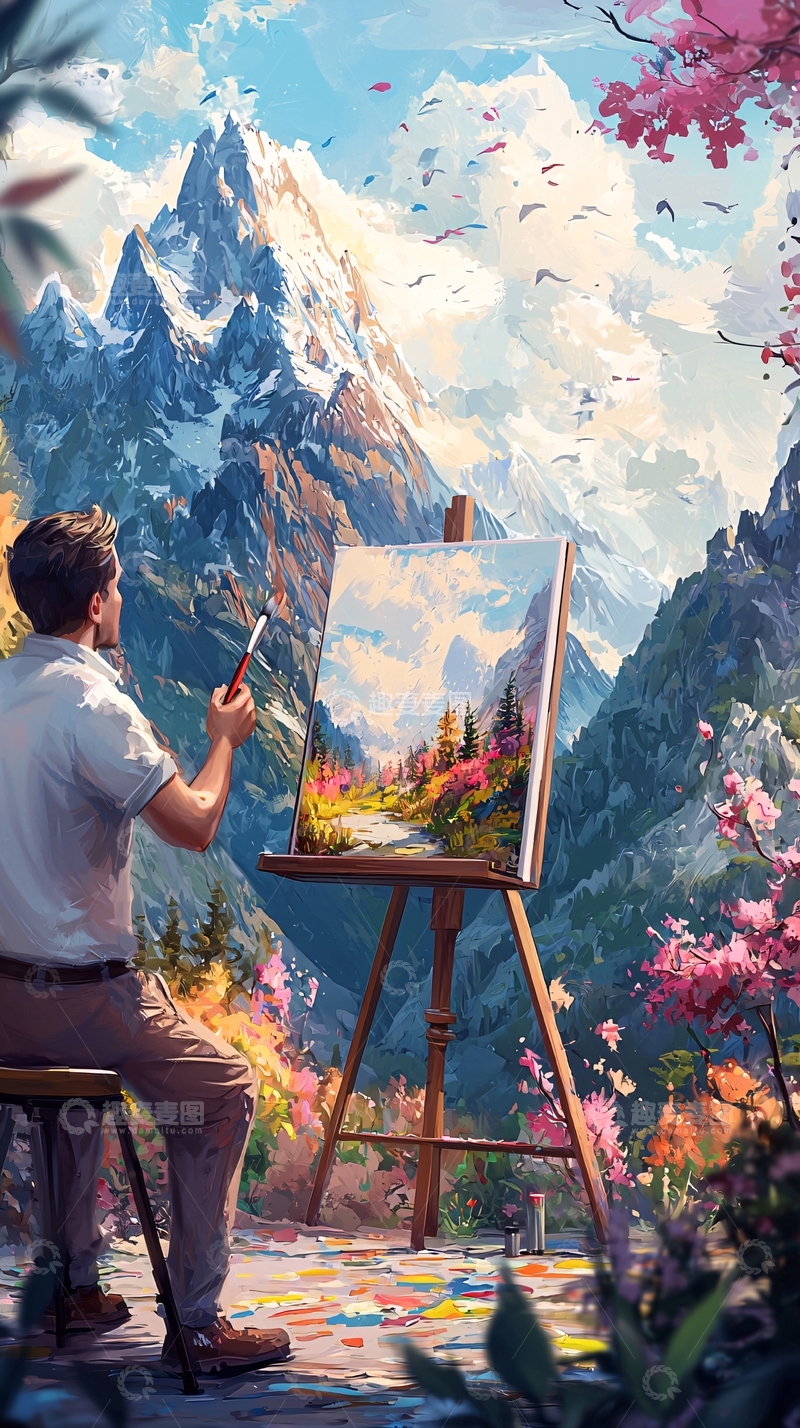 高清大图下载【趣麦麦图】画家在山水前写生