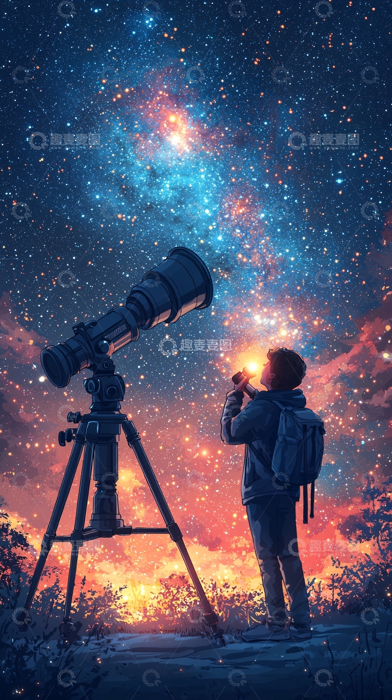高清大图下载【趣麦麦图】男孩用望远镜看星空