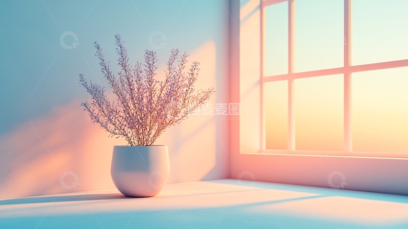 高清大图下载【趣麦麦图】窗边盆栽日出阳光