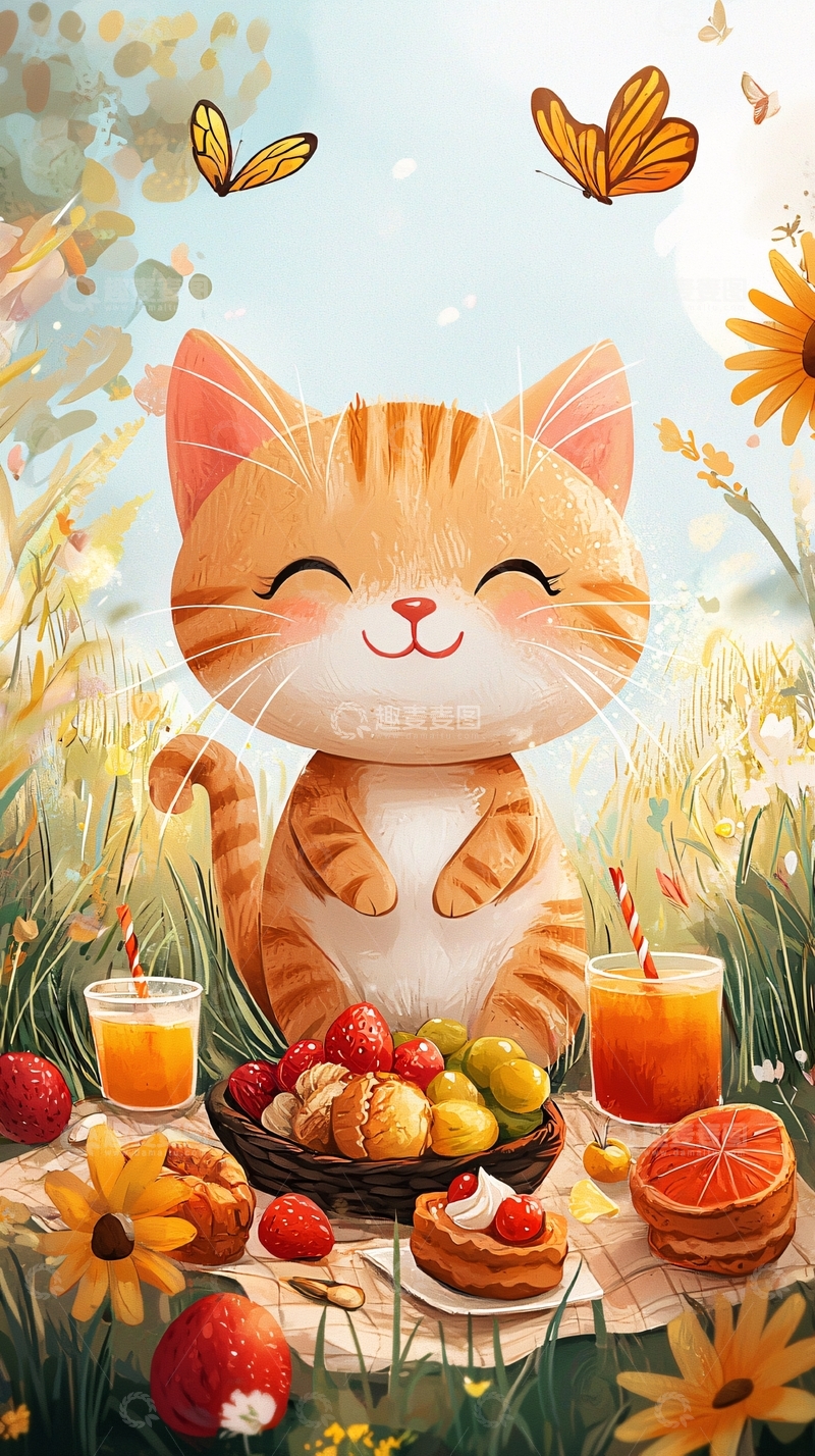 高清大图下载【趣麦麦图】快乐小猫咪野餐图