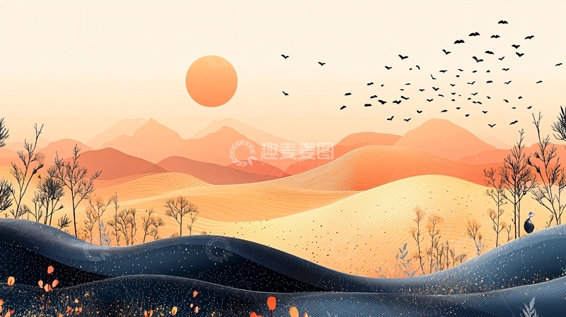 高清大图下载【趣麦麦图】日落山峦剪影鸟群