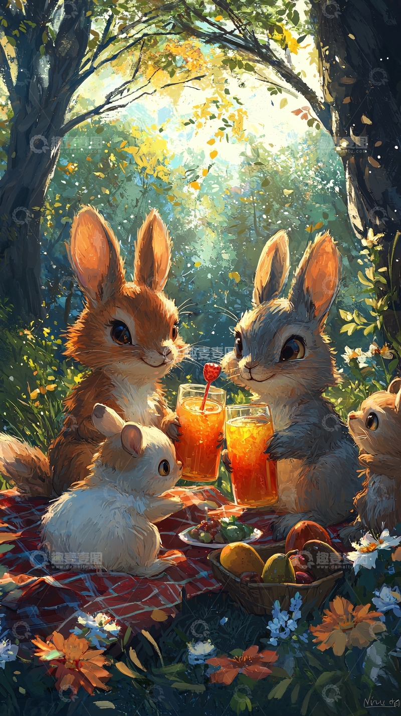 高清大图下载【趣麦麦图】森林野餐兔子