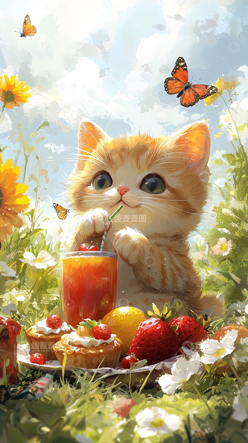 高清大图下载【趣麦麦图】猫咪在草地上喝果汁