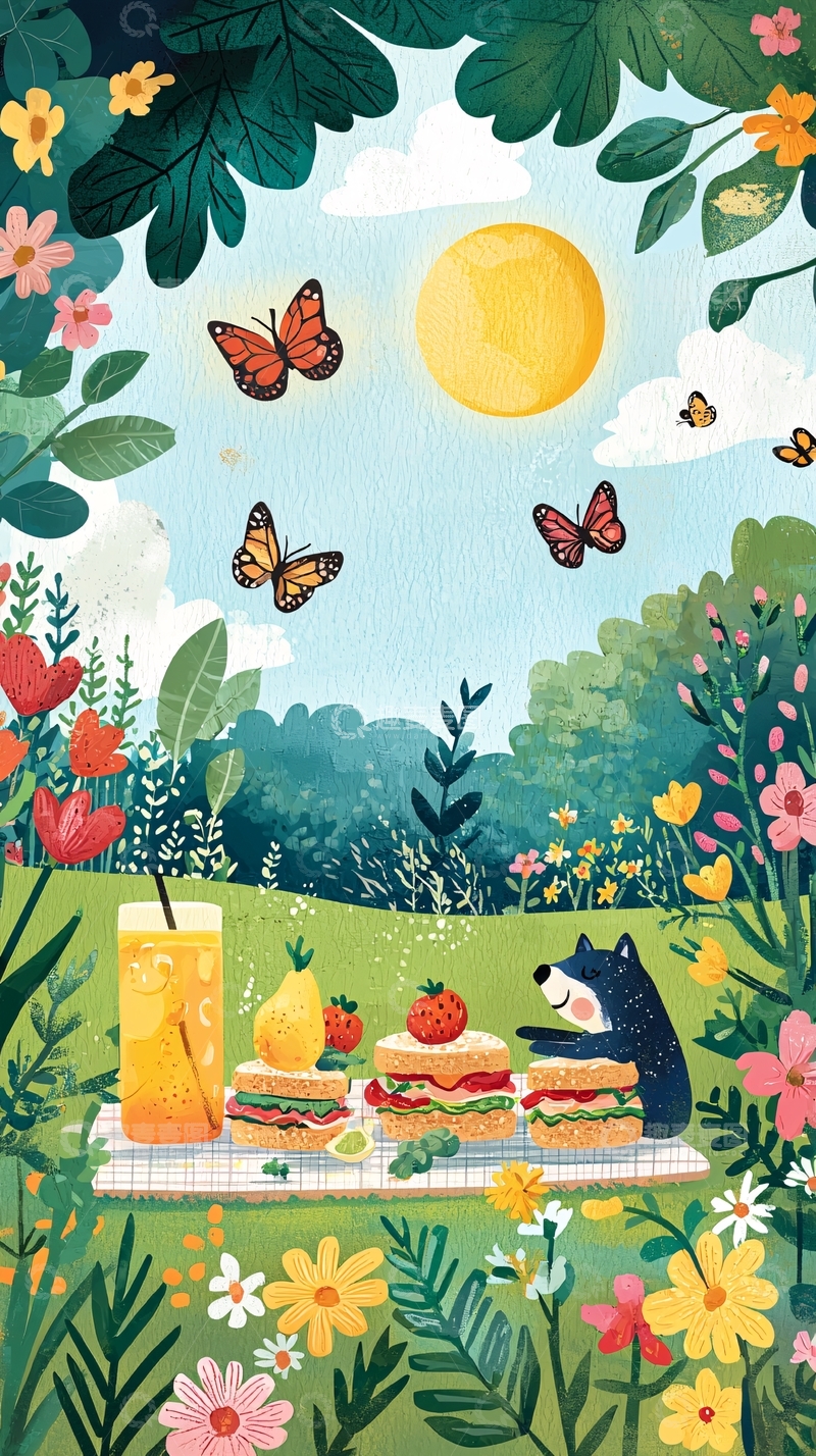 高清大图下载【趣麦麦图】小狗野餐花园插画