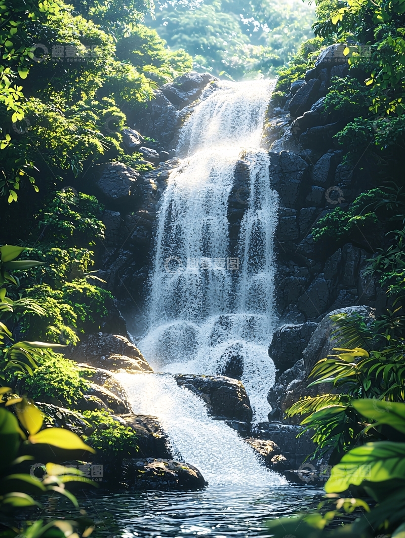 高清大图下载【趣麦麦图】茂密森林中的瀑布