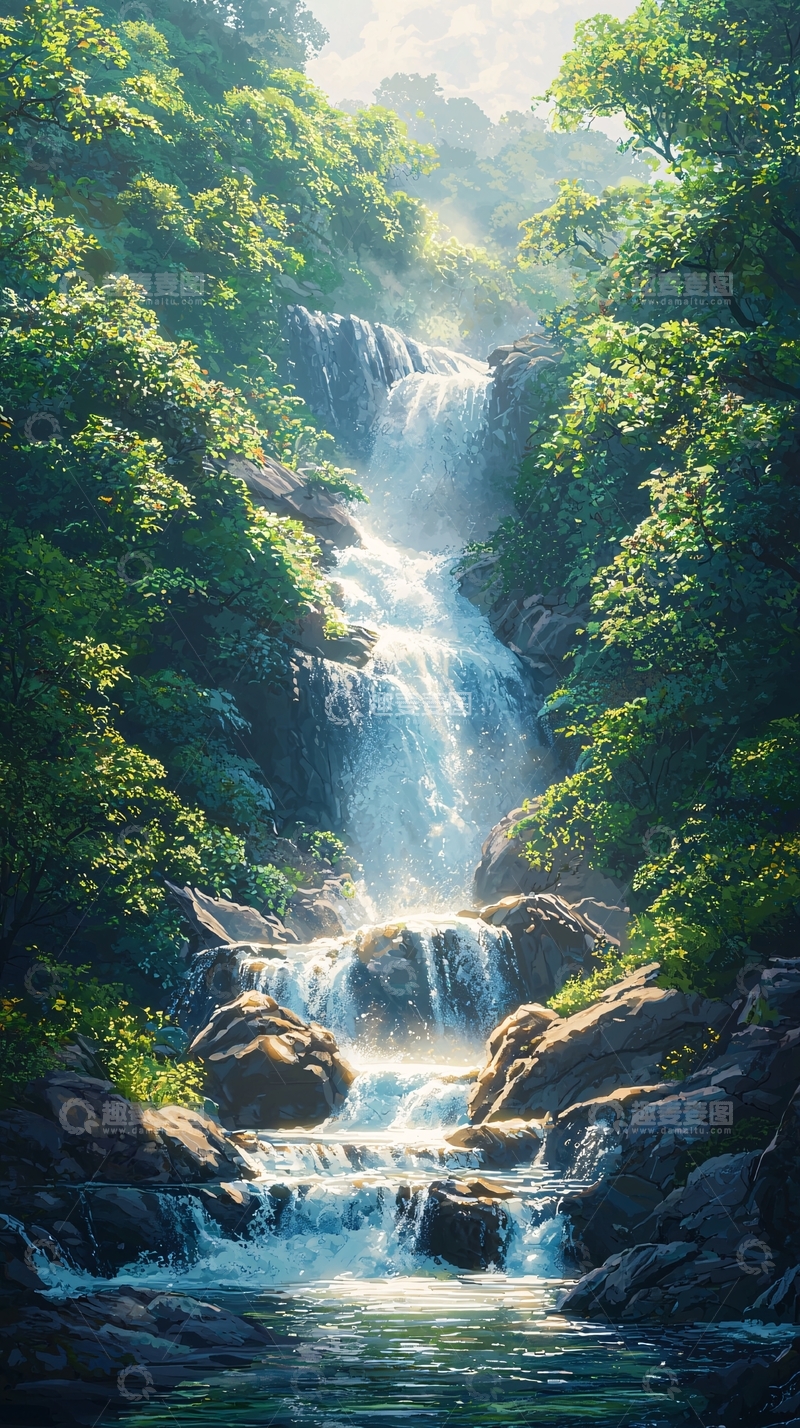 高清大图下载【趣麦麦图】葱郁森林中的壮丽瀑布