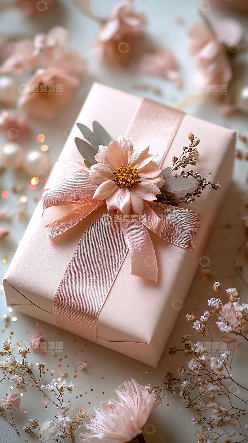 高清大图下载【趣麦麦图】粉色礼盒与花朵装饰