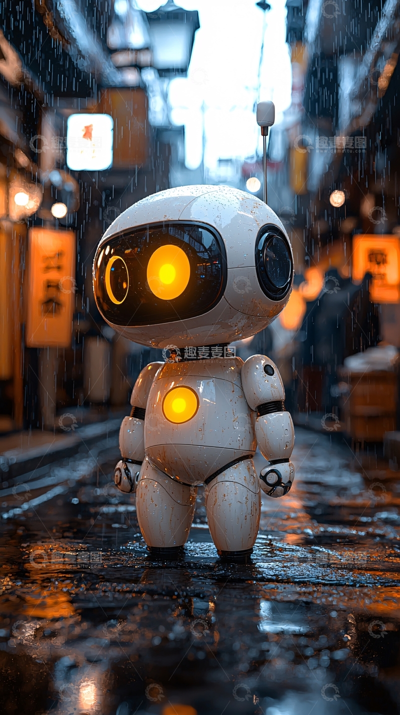 高清大图下载【趣麦麦图】雨中街道上的小机器人
