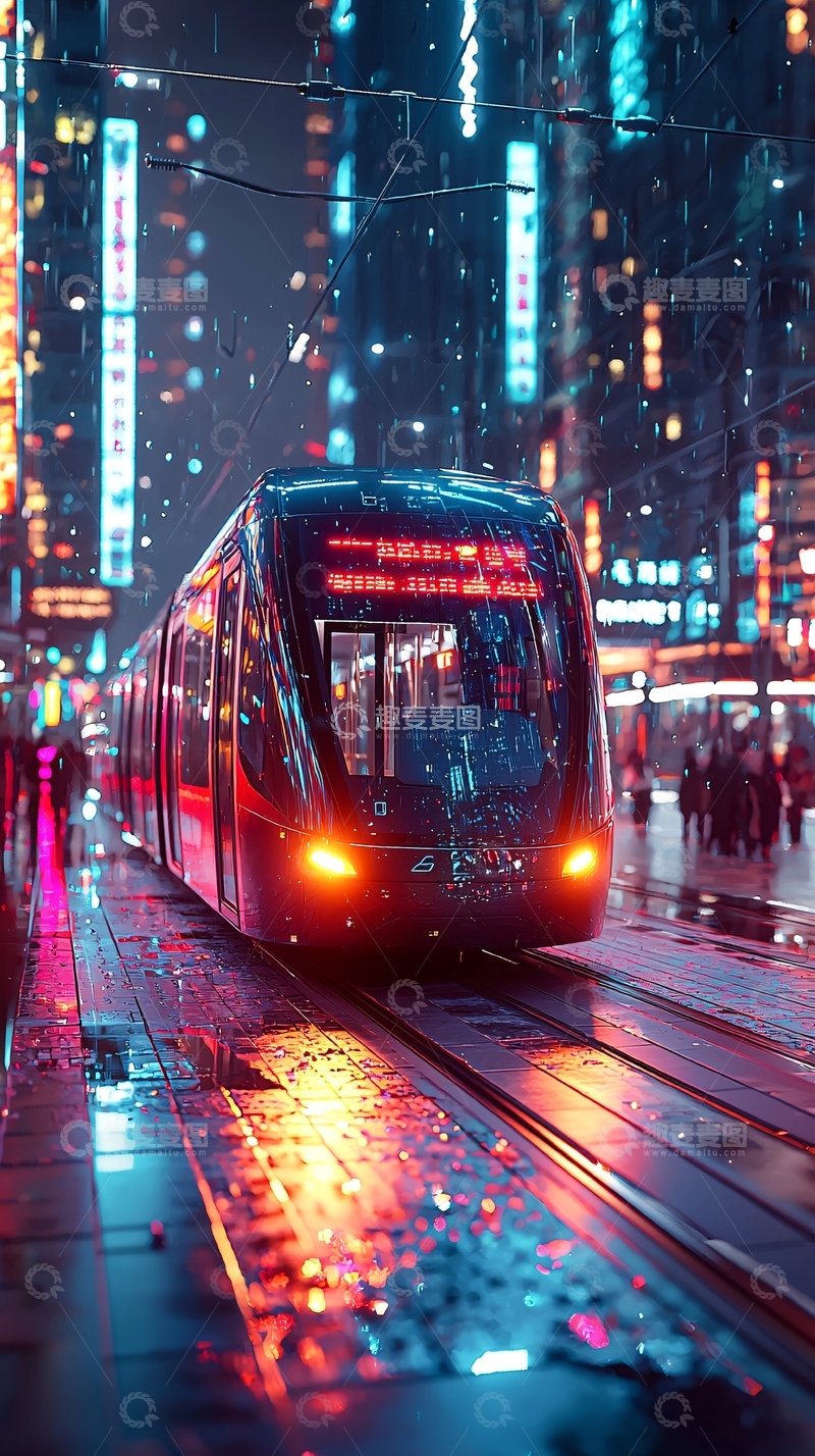 高清大图下载【趣麦麦图】夜晚都市电车