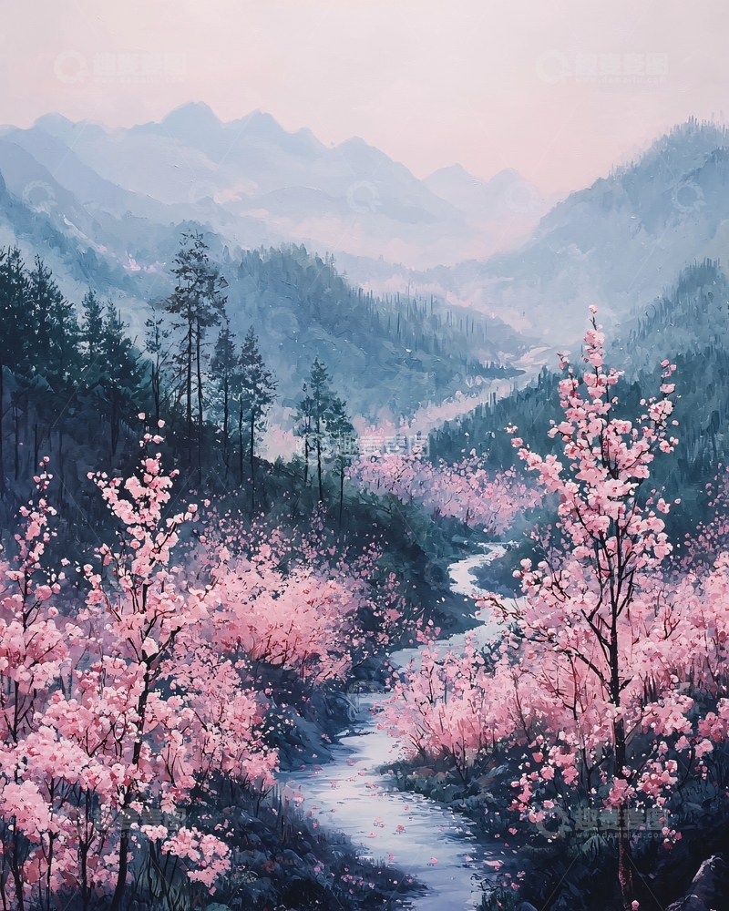 高清大图下载【趣麦麦图】粉色樱花山谷溪流