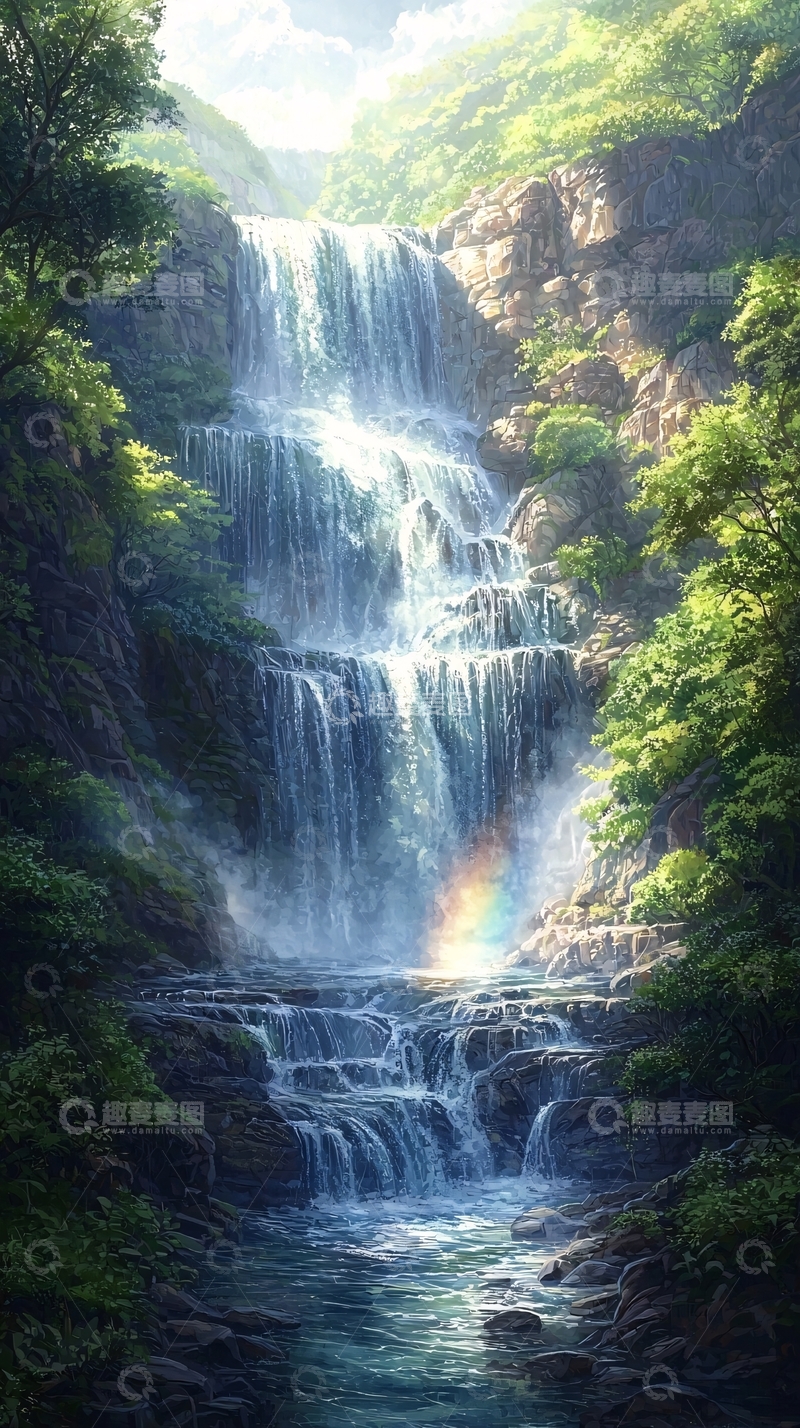 高清大图下载【趣麦麦图】山间瀑布彩虹风景