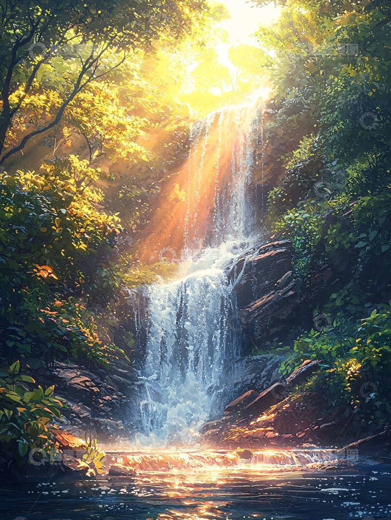 高清大图下载【趣麦麦图】阳光洒在森林瀑布上
