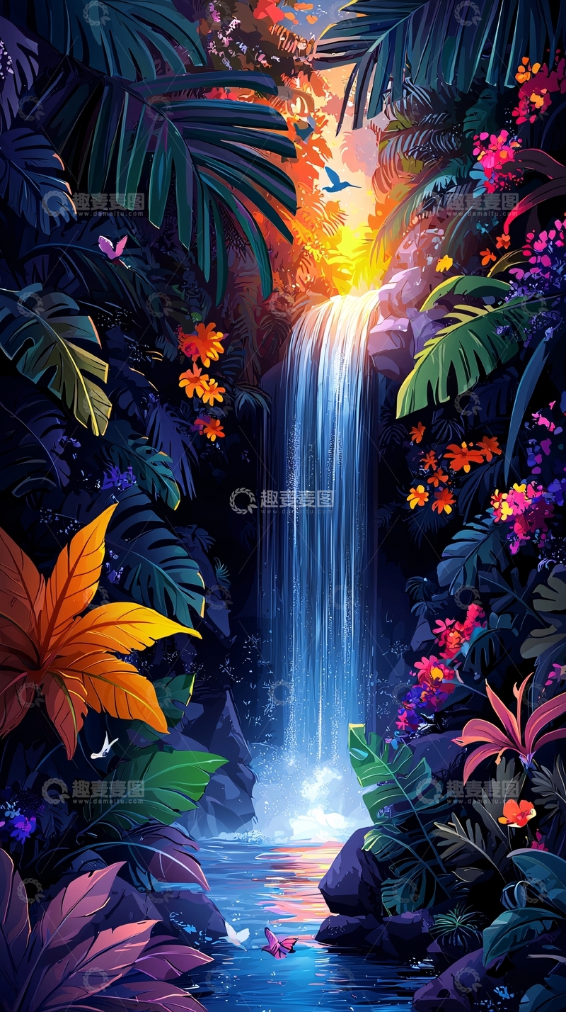 高清大图下载【趣麦麦图】热带雨林瀑布鲜花