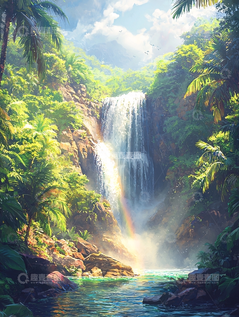 高清大图下载【趣麦麦图】热带雨林瀑布彩虹