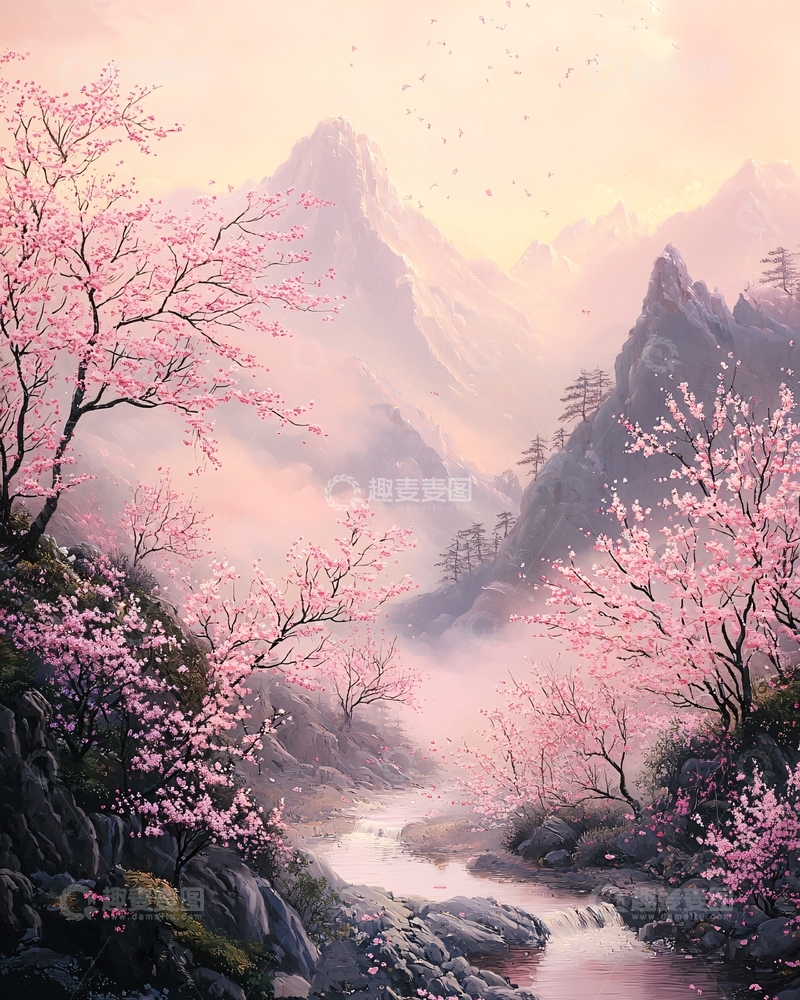 高清大图下载【趣麦麦图】樱花盛开的山水国画风