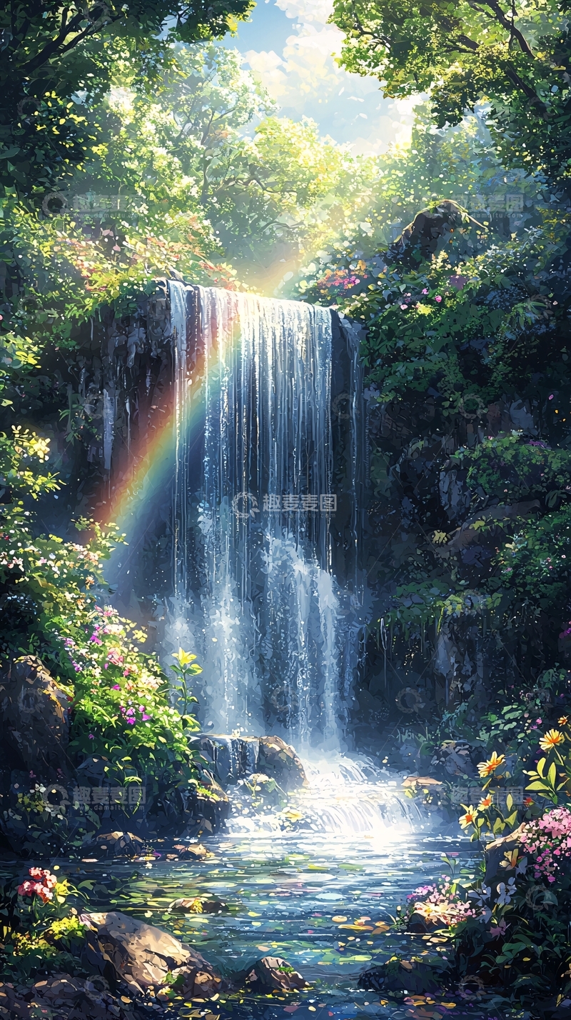 高清大图下载【趣麦麦图】梦幻森林瀑布彩虹