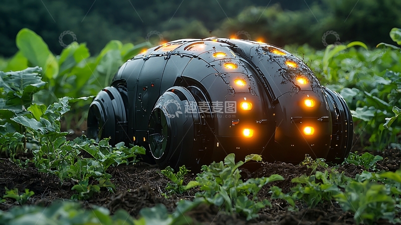 高清大图下载【趣麦麦图】田园里黑色带灯的农业机器人