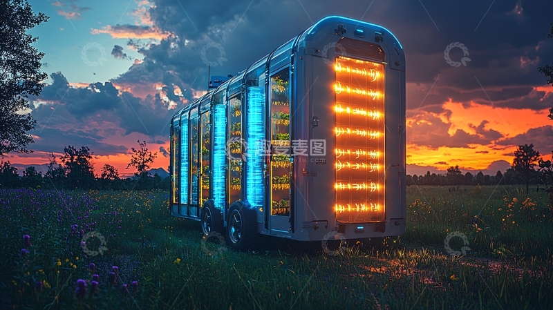 高清大图下载【趣麦麦图】炫酷灯光拖车日落剪影