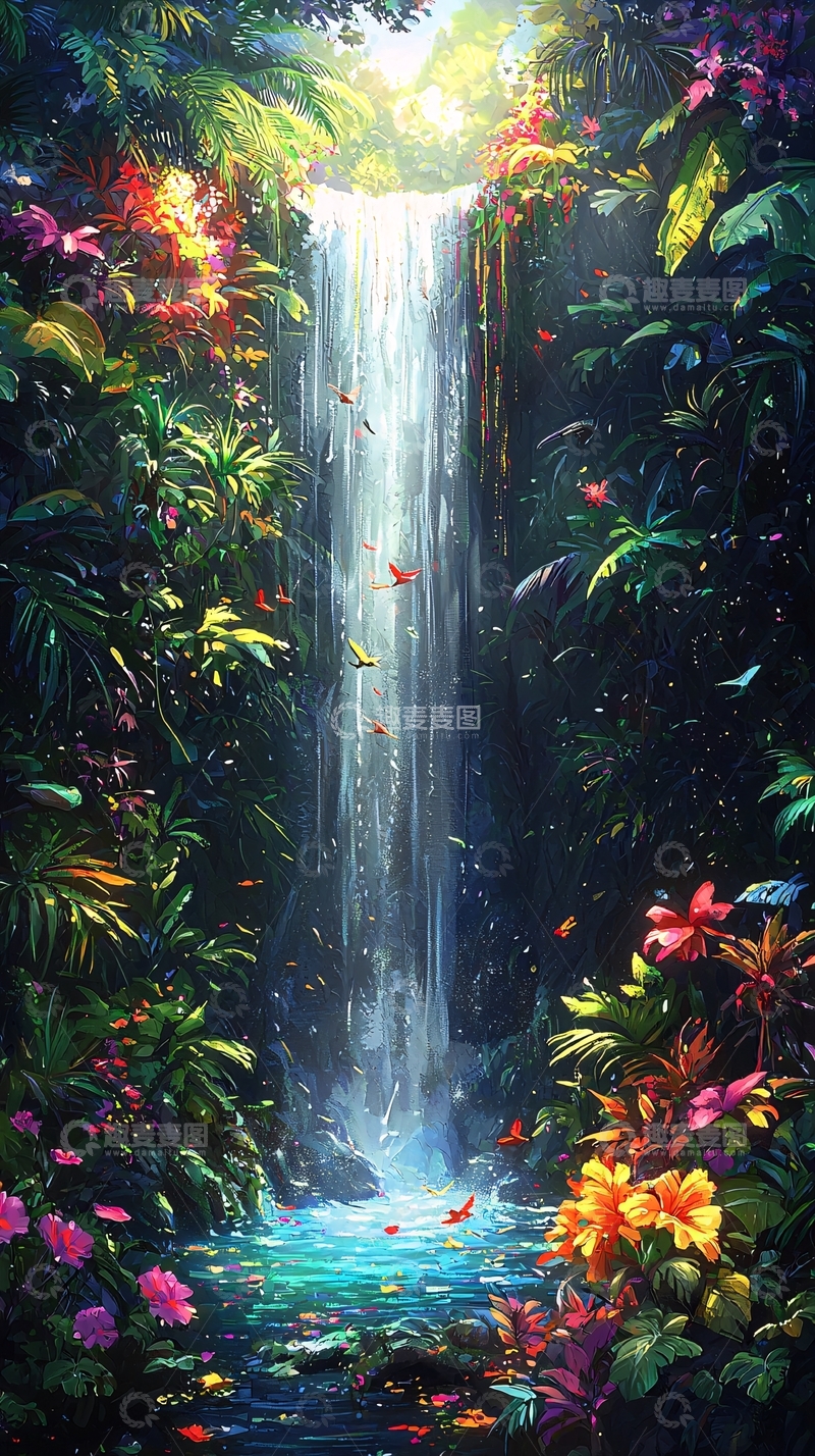 高清大图下载【趣麦麦图】热带雨林中的瀑布