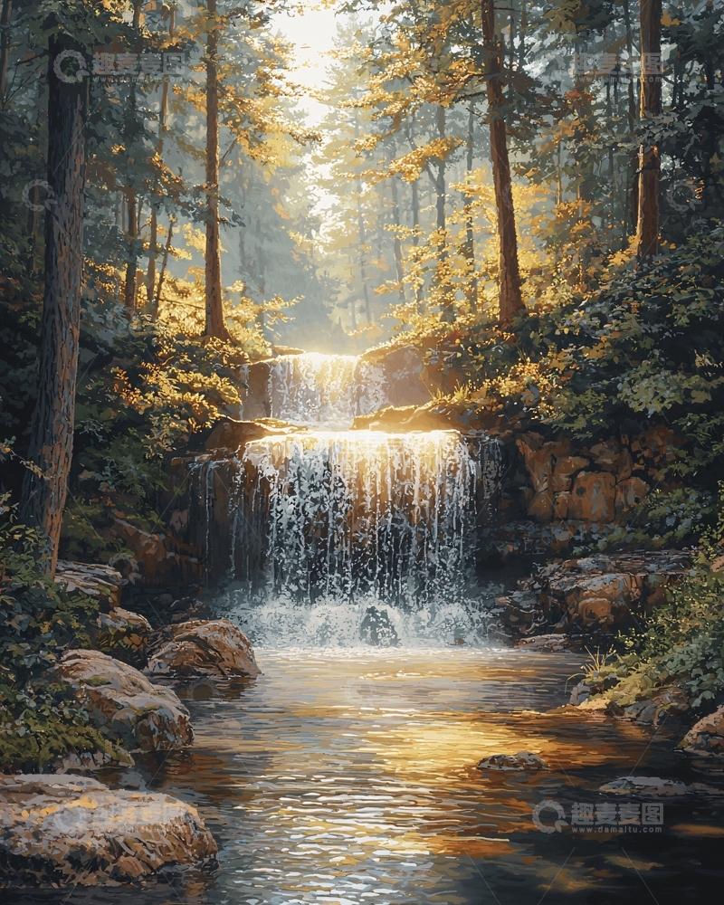 高清大图下载【趣麦麦图】阳光穿透树林瀑布