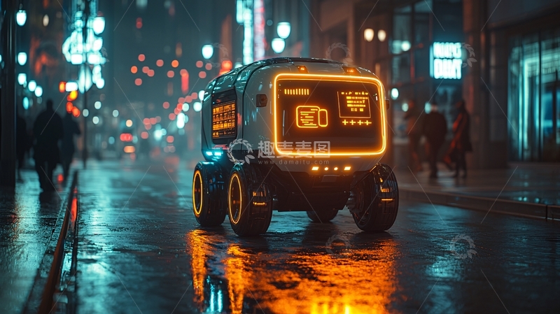 高清大图下载【趣麦麦图】夜晚都市送货机器人