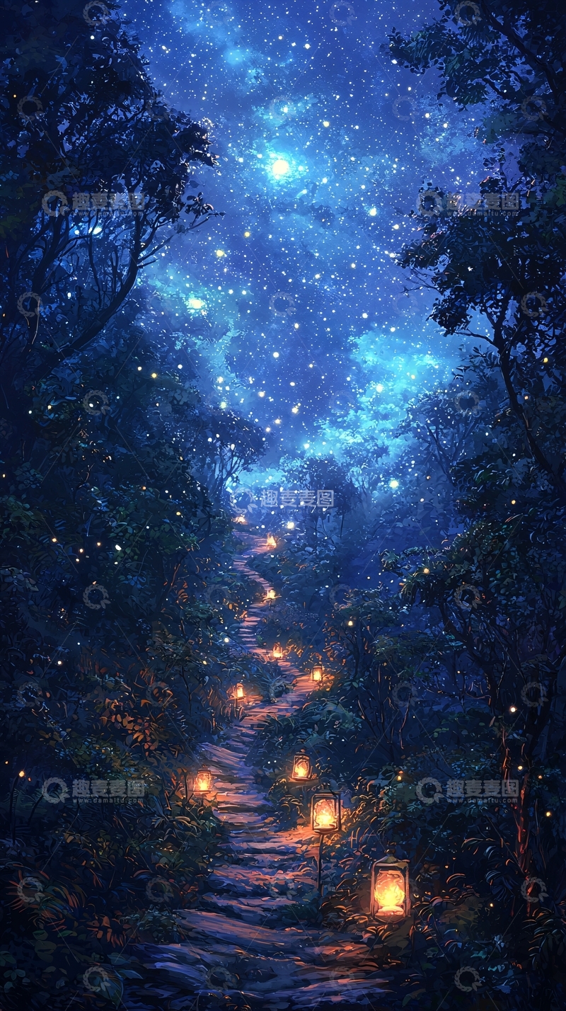 高清大图下载【趣麦麦图】萤火虫小路星空夜景