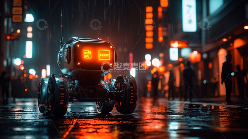高清大图下载【趣麦麦图】雨夜都市小机器人