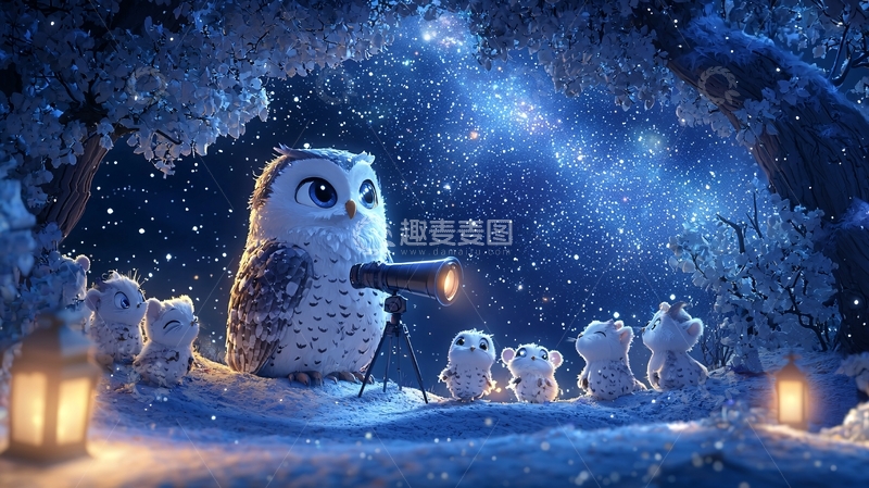 高清大图下载【趣麦麦图】雪地里的小猫头鹰看星星