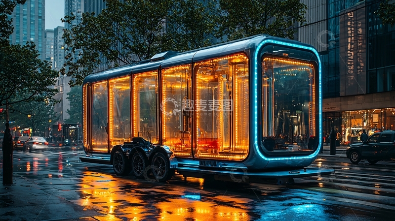 高清大图下载【趣麦麦图】夜幕下都市玻璃房移动屋