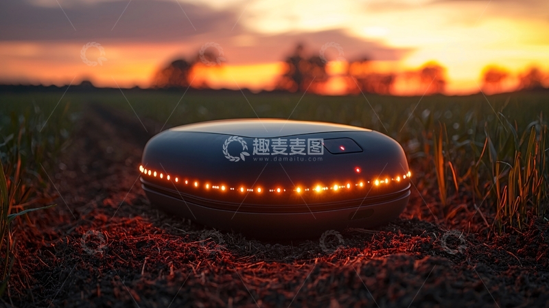 高清大图下载【趣麦麦图】夕阳下田野里的圆形设备